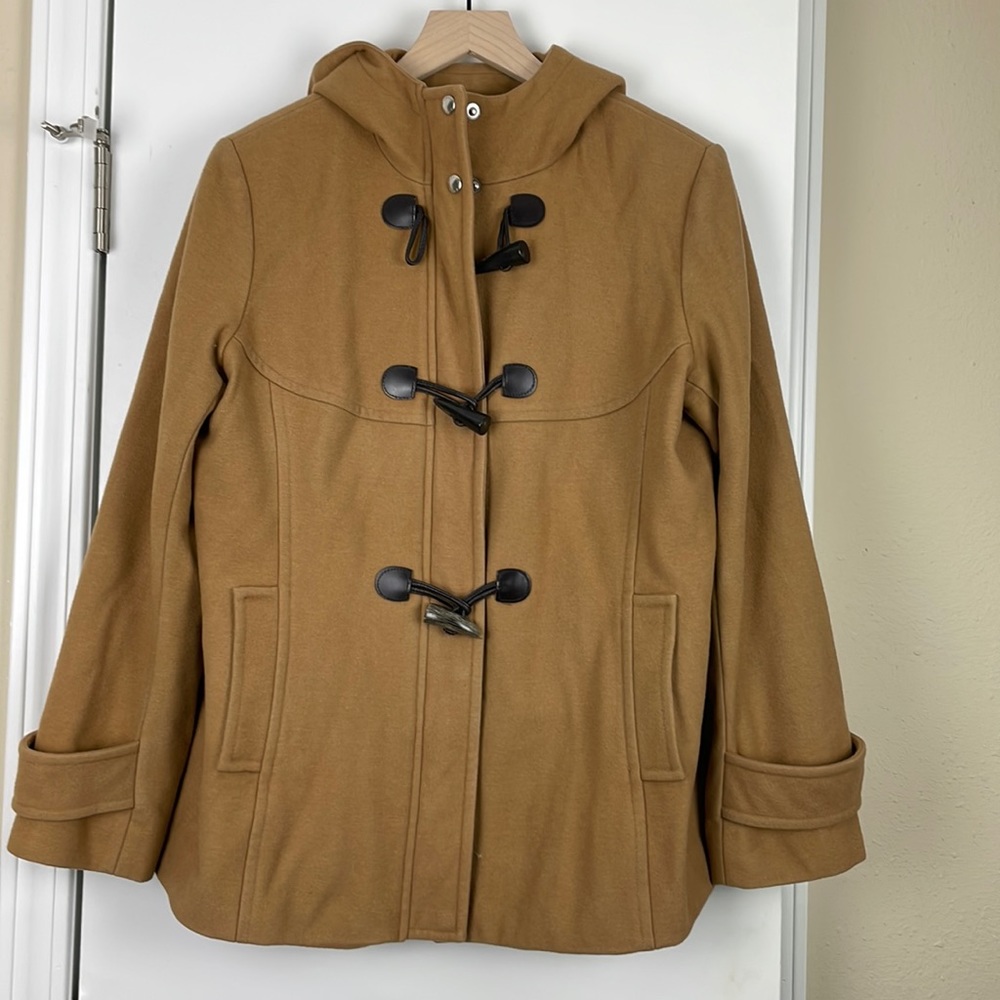Michael Kors Caramel Beige Tan Brown Hooded
Wool Blend Toggle Coat